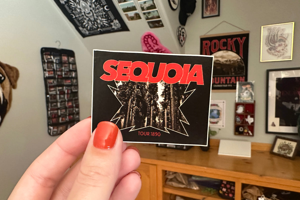 Hand holding a 'Sequoia' sticker in a room with framed pictures on the wall.