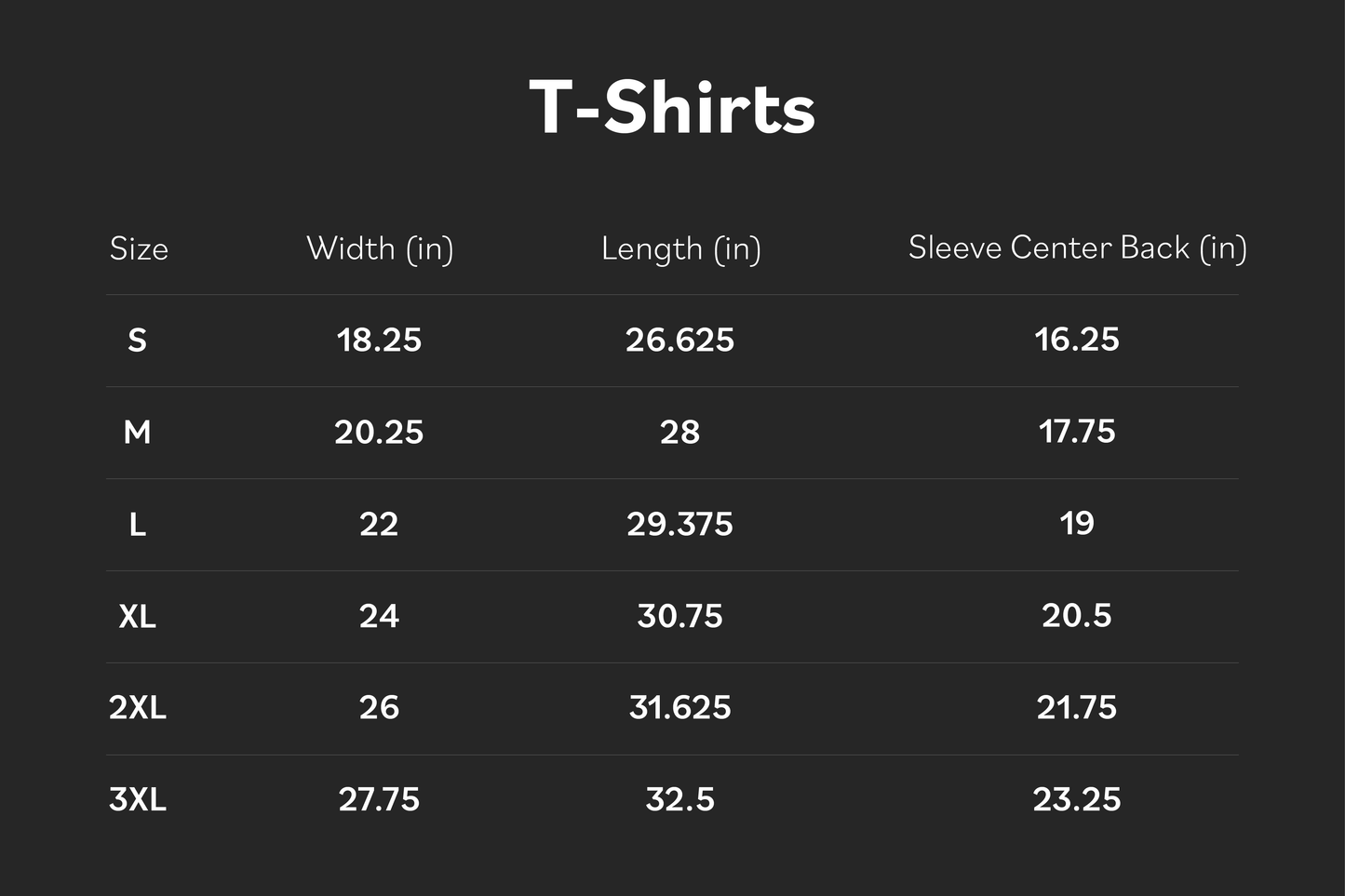 Size Chart Table displaying dimensions of t-shirts in various sizes on a black background
