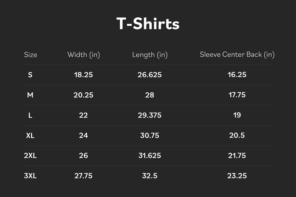 Table displaying dimensions of t-shirts in various sizes on a black background