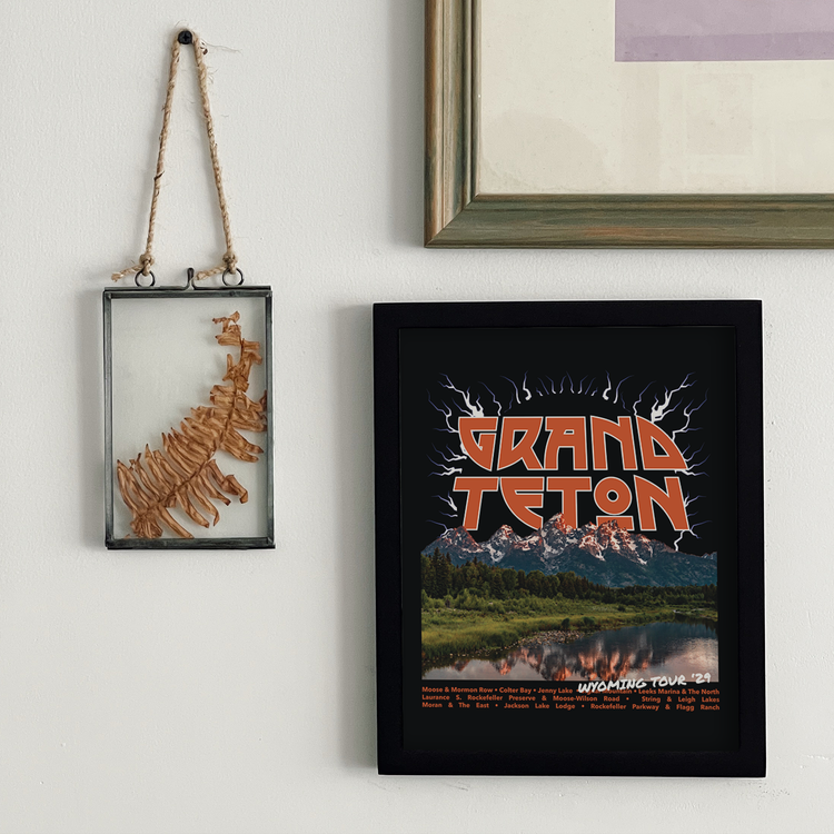 A framed art print of Grand Teton national park hanging on a wall. Discover our collection of edgy, nature-themed art—perfect gifts for national park lovers! Elevate your space with unique designs that celebrate the outdoors.