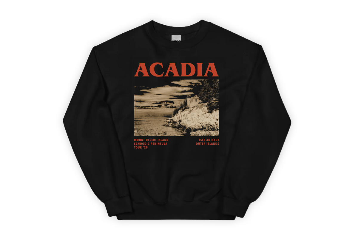 Black sweatshirt with 'Acadia' text and nature graphic on a white background
