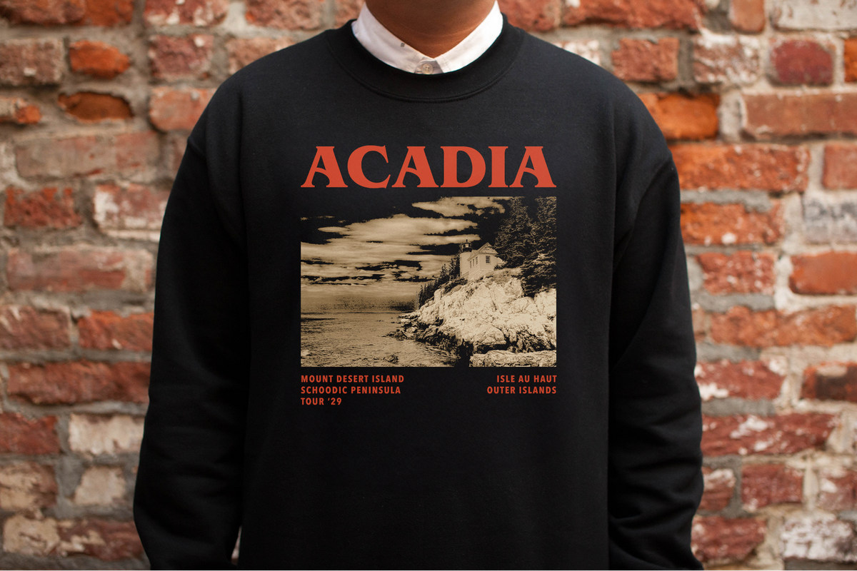 Person wearing a black sweatshirt with 'ACADIA' design against a brick wall.