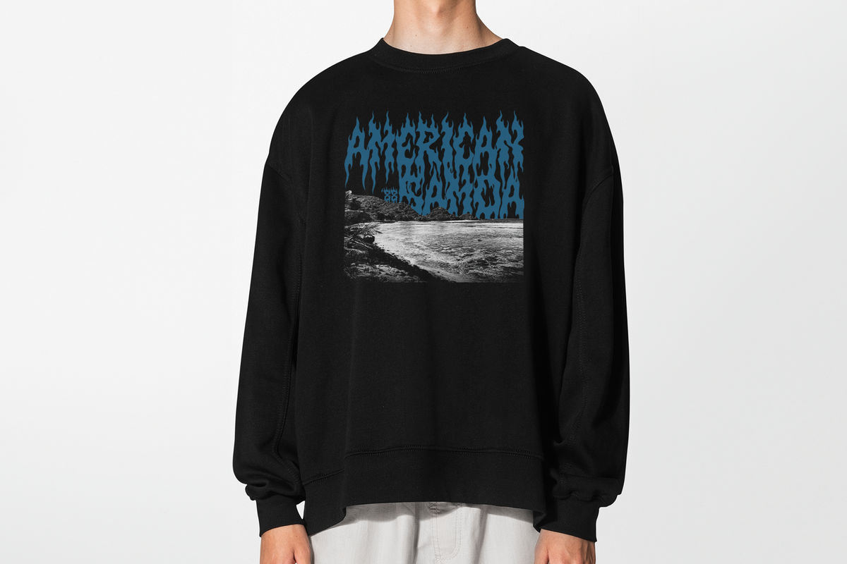 Black sweatshirt with blue 'American Samoa' graphic design on a white background