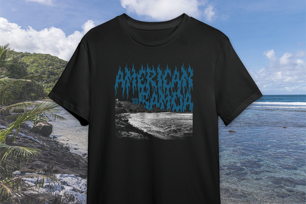 Black t-shirt with blue 'American Samoa' graphic design on a beach background