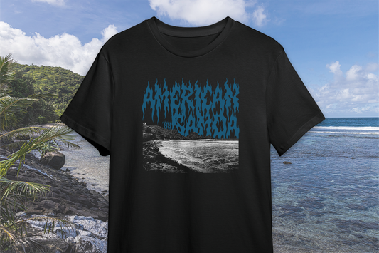 Black t-shirt with blue 'American Samoa' graphic design on a beach background