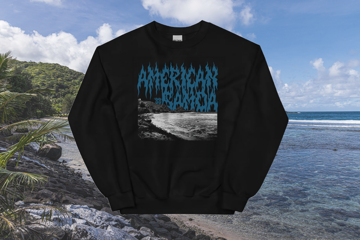Black sweatshirt with blue 'American Samoa' graphic design on a beach background