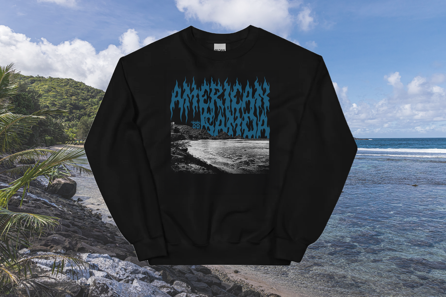 Black sweatshirt with blue 'American Samoa' graphic design on a beach background