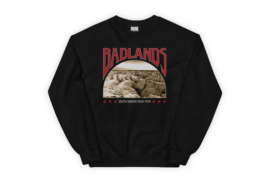 Black sweatshirt with 'Badlands' graphic design on a white background