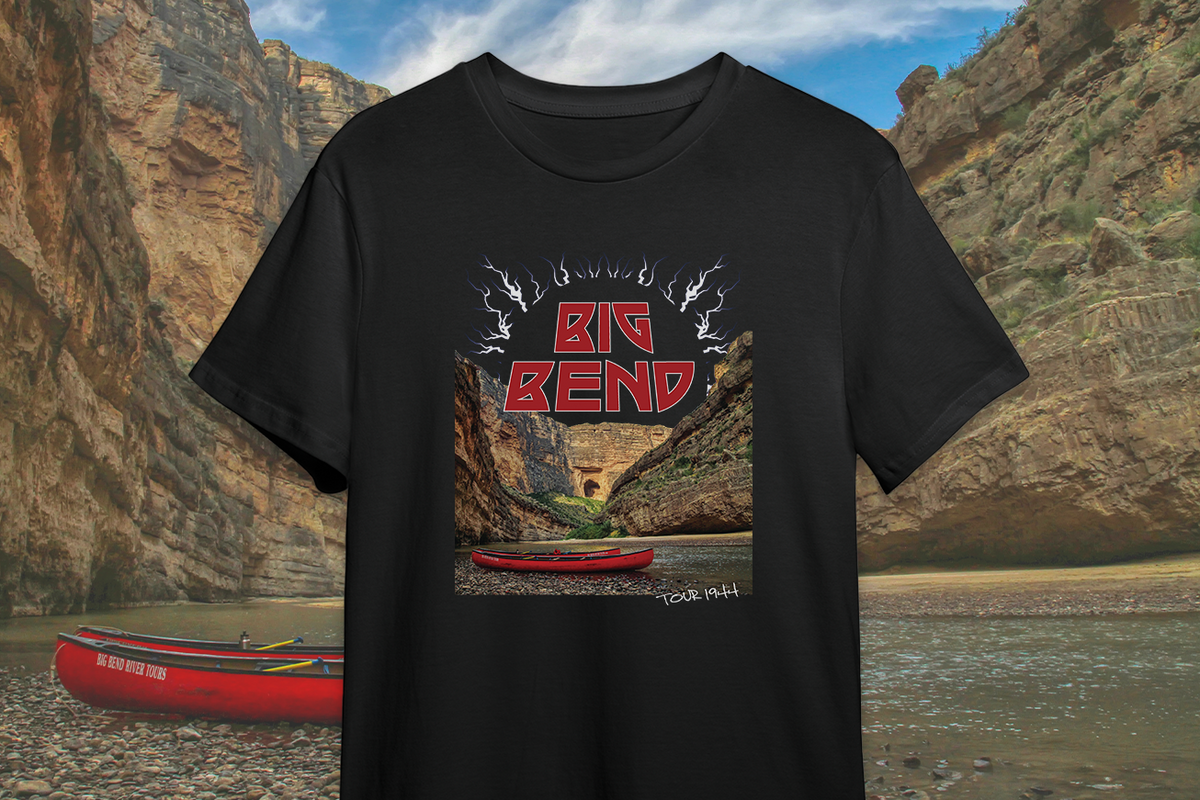 Black t-shirt with 'Big Bend' design in a canyon setting
