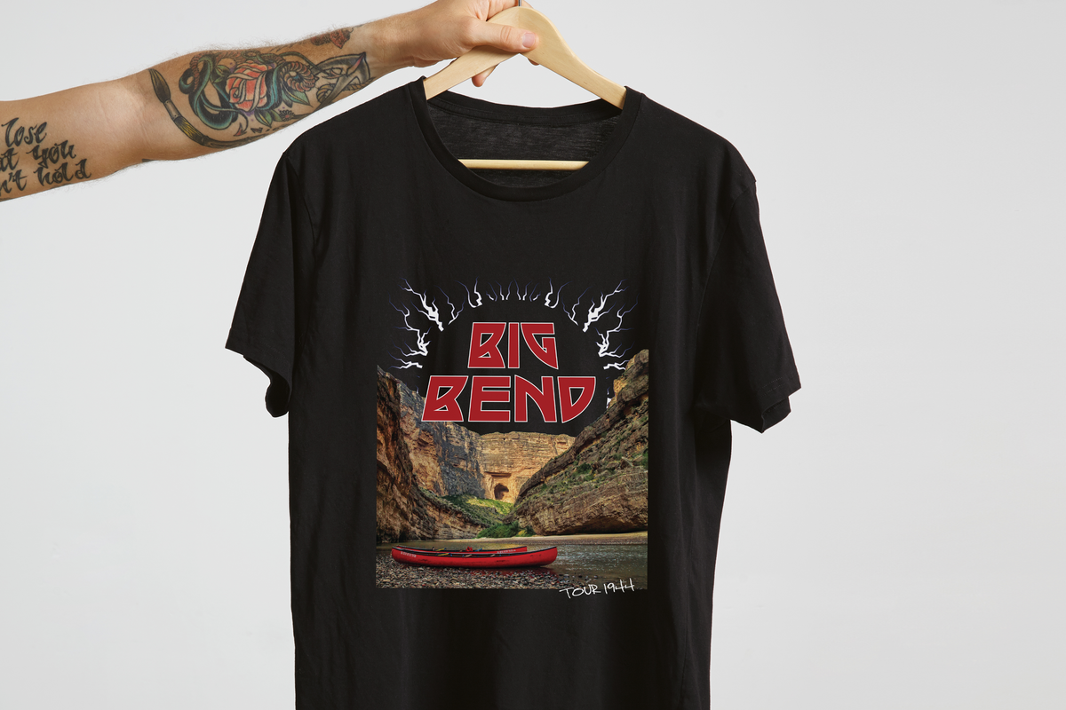 Black t-shirt with 'Big Bend' graphic design on a hanger against a white background