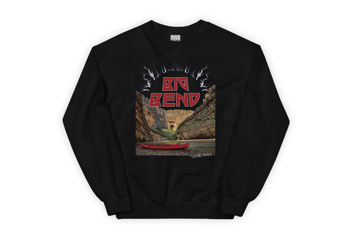 Black sweatshirt with 'Big Bend' graphic design on a white background