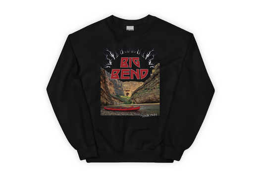 Black sweatshirt with 'Big Bend' graphic design on a white background