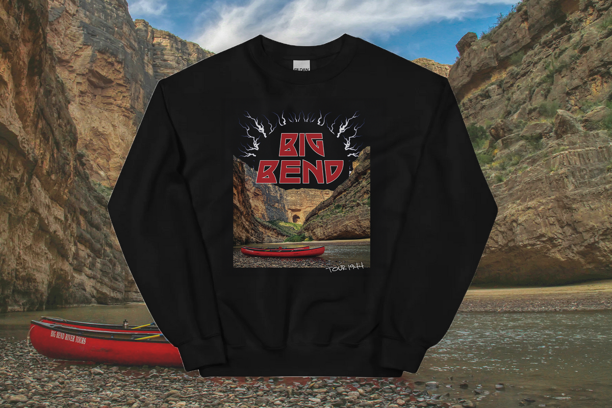 Black sweatshirt with 'Big Bend' design in front of a canyon landscape