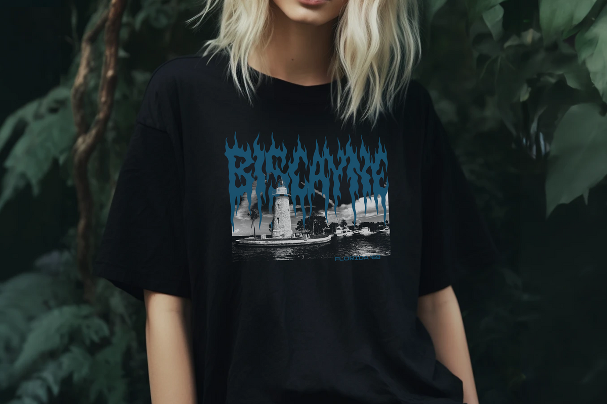 Person wearing a black t-shirt with a 'Biscayne' graphic design and text, standing against a dark background.