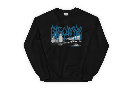 Black sweatshirt with blue 'Biscayne' graphic design on a white background