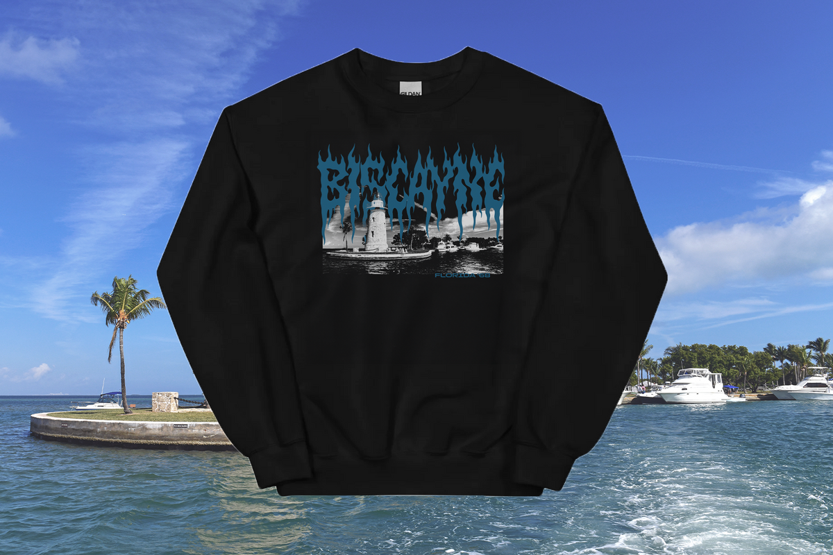 Black sweatshirt with 'Biscayne' graphic design on a background of water and sky