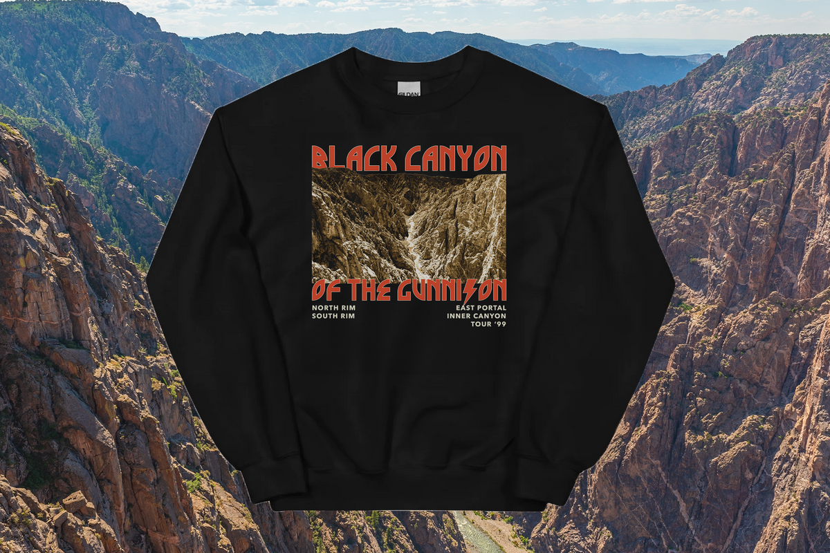 Black sweatshirt with 'Black Canyon of the Gunnison' design on a canyon background