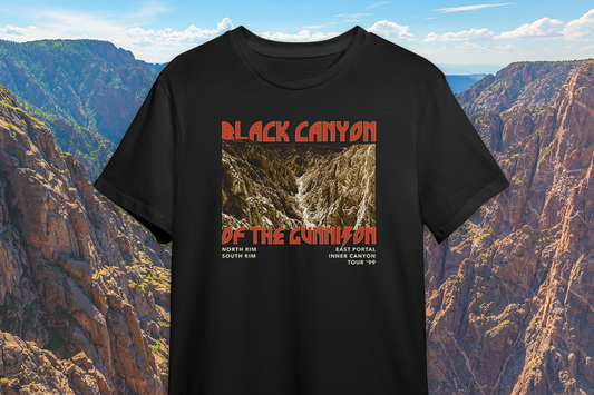 Black t-shirt with 'Black Canyon of the Gunnison' graphic design against a canyon background
