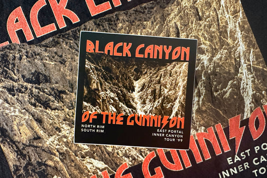 Sticker with a 'Black Canyon of the Gunnison' graphic design, on a textured background