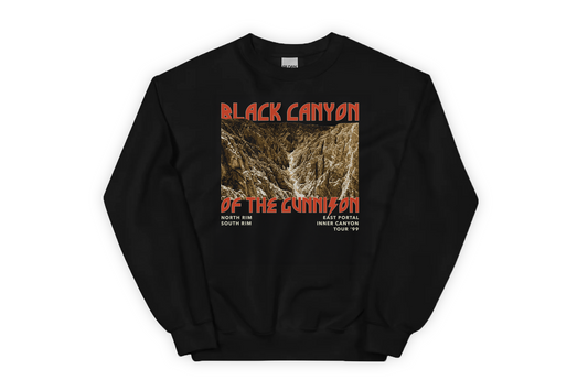 Black sweatshirt with 'Black Canyon of the Gunnison' graphic design on a white background