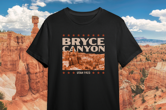 Black t-shirt with Bryce Canyon design against a scenic background
