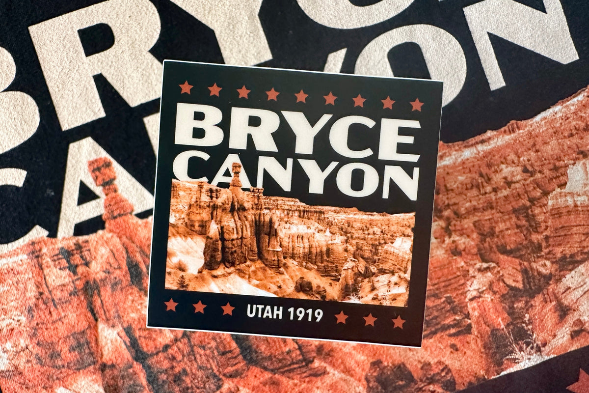 Sticker with Bryce Canyon National Park text and image on a textured background