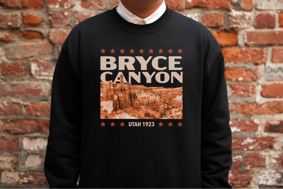 Person wearing a black sweatshirt with a 'Bryce Canyon' design, against a brick wall.