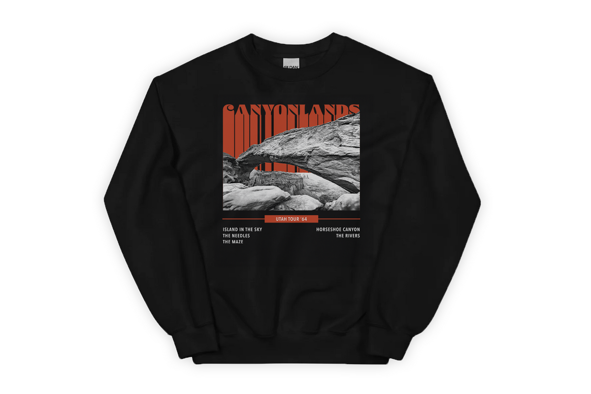 Black sweatshirt with a 'Canyonlands' graphic design on a white background