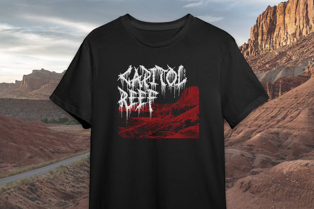 Black t-shirt with 'Capitol Reef' design in a desert landscape