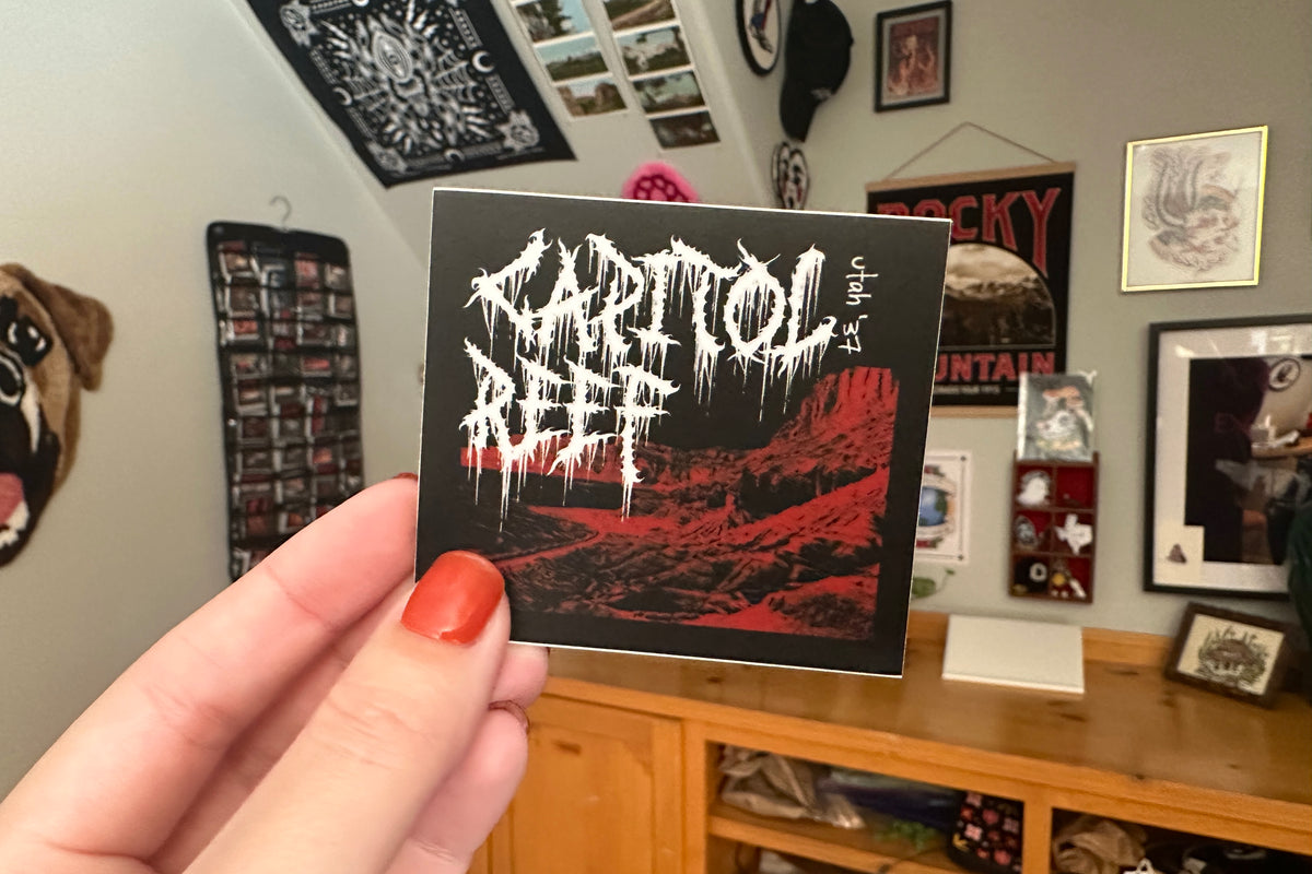 Person holding a 'Capitol Reef' in a room with posters on the wall.