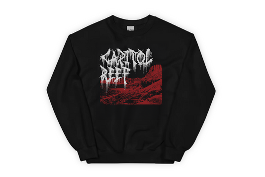Black sweatshirt with 'Capitol Reef' graphic design on a white background
