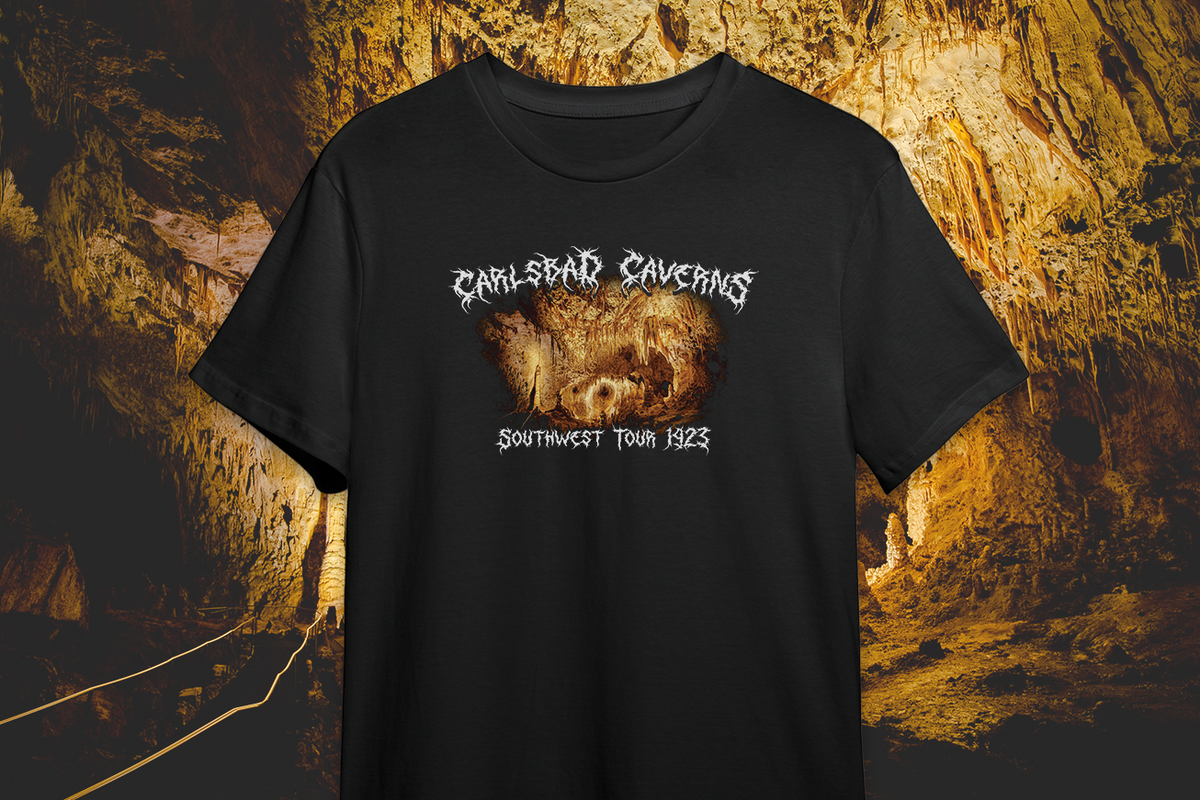 Black t-shirt with Carlsbad Caverns graphic on a cave background