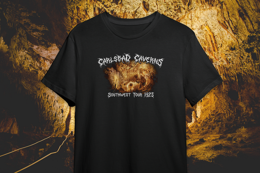Black t-shirt with Carlsbad Caverns graphic on a cave background