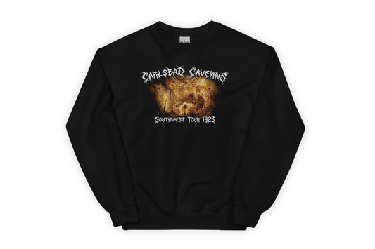 Black sweatshirt with 'Carlsbad Caverns' graphic design and text on a white background