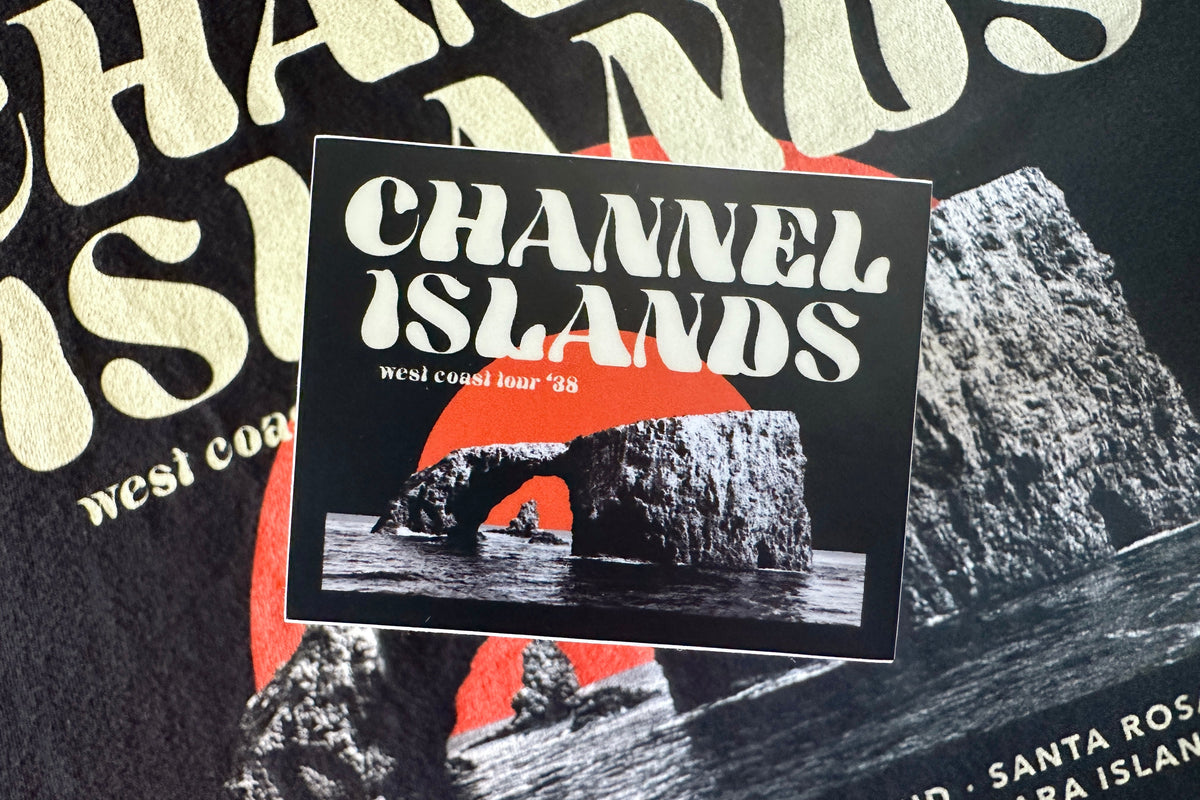 Sticker with 'Channel Islands' text and a scenic design on a textured background