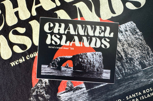 Sticker with 'Channel Islands' text and a scenic design on a textured background