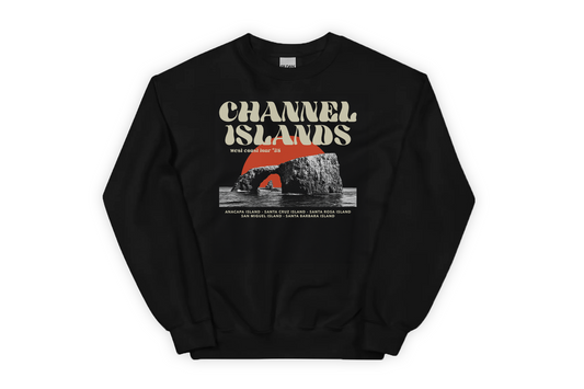 Black sweatshirt with 'Channel Islands' graphic design on a white background