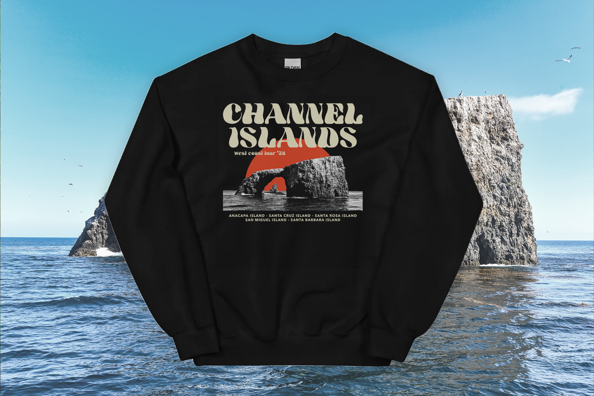 Black sweatshirt with 'Channel Islands' graphic design on a background of ocean and cliffs.