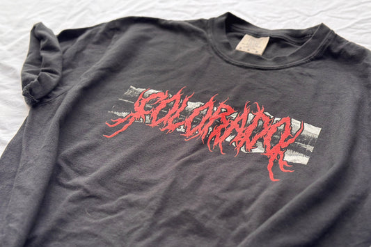 Black t-shirt with red and white 'Colorado' graphic design on a white background