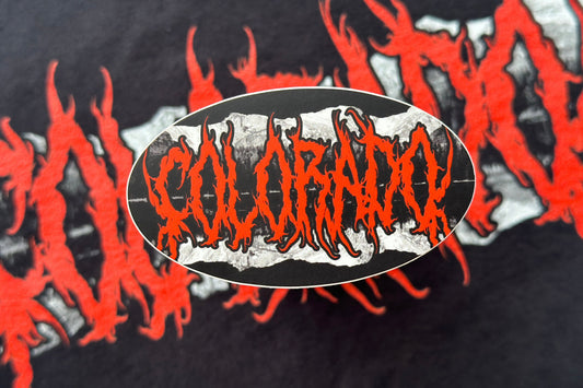 Black sticker with red and white graphic design featuring the word 'Colorado'.