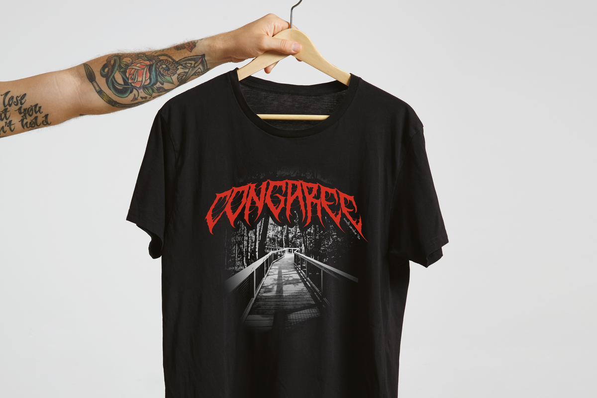 Black t-shirt with red 'Congaree' graphic design on a hanger against a white background