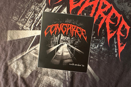 'Congaree' sticker on a black and white background.