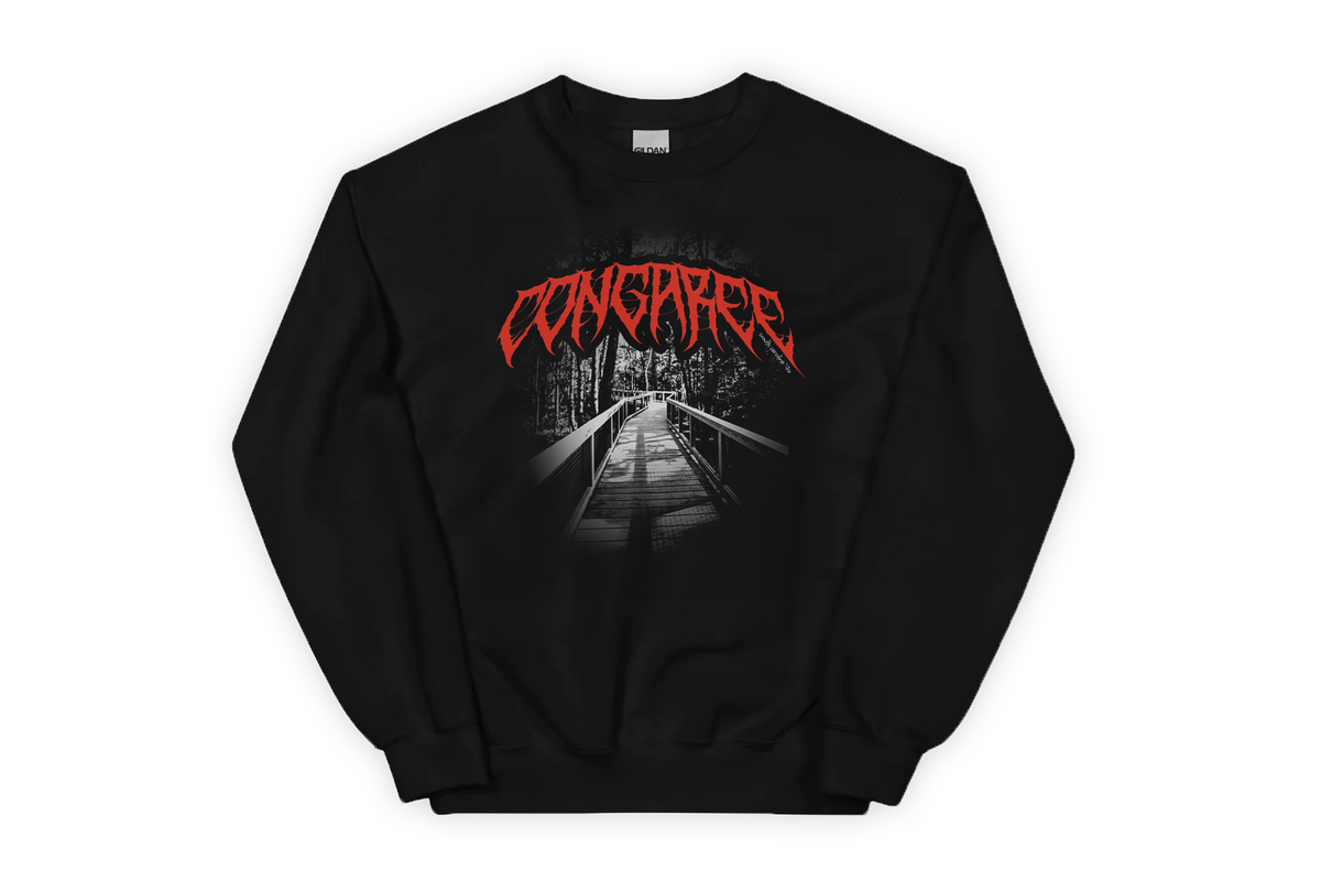 Black sweatshirt with red 'Congaree' text and graphic design on a white background