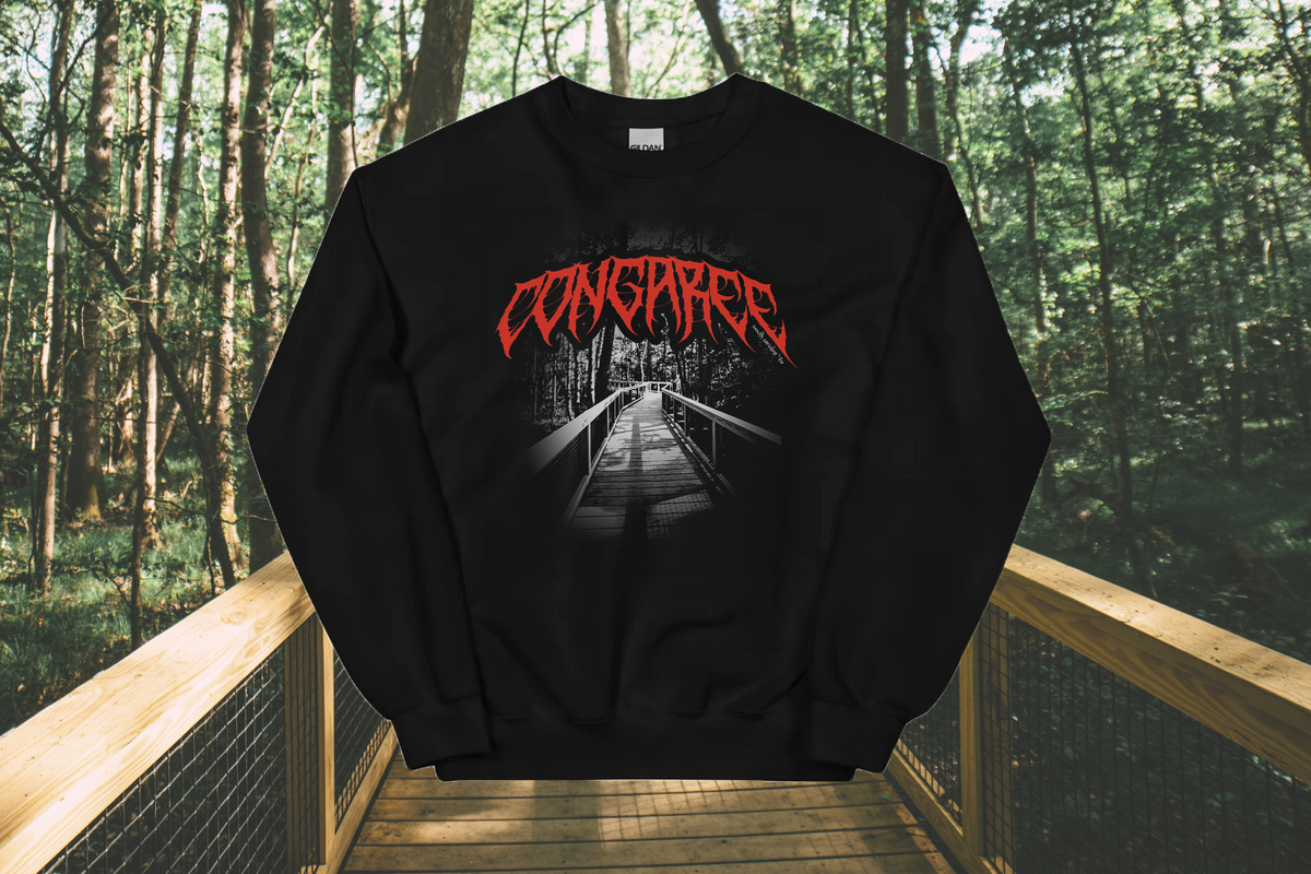 Black sweatshirt with 'Congaree' graphic design on a wooden bridge in a forest