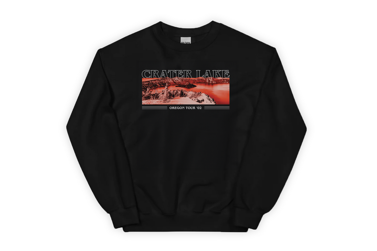 Black sweatshirt with a 'Crater Lake' graphic design on a white background