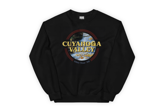 Black sweatshirt with Cuyahoga Valley design on a white background