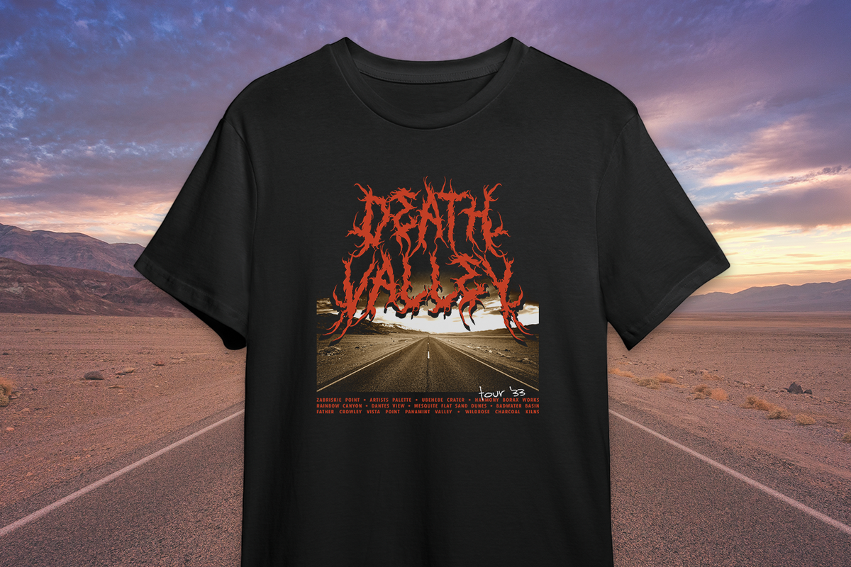 Black t-shirt with 'Death Valley' graphic design on a desert road background