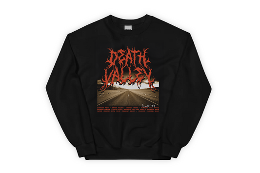 Black sweatshirt with 'Death Valley' graphic design and text on a white background