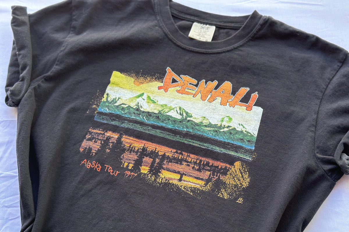 Black t-shirt with 'Denali' graphic design on a white background
