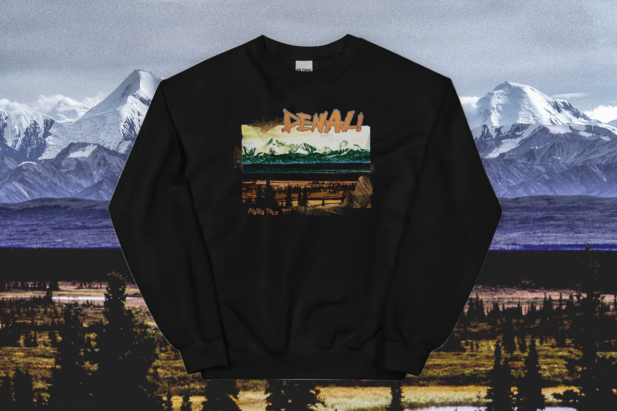 Black sweatshirt with a mountain graphic and 'Denali' text against a scenic background